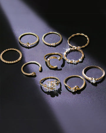10PCS/Set Rhinestone Pearls Decor Star Moon Geo Pattern Boho Ring